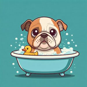 Cartoon bulldog sitting in a bathtub filled with bubbles, accompanied by a yellow rubber duck.