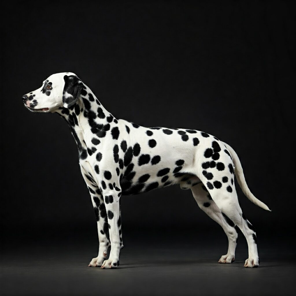 A striking Dalmatian with a sleek coat of black spots on white, standing gracefully against a dark background.