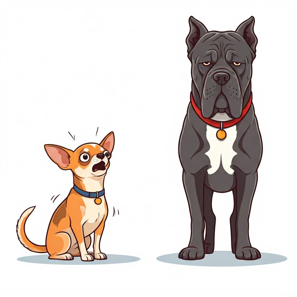 A cartoon of a tiny Chihuahua reacting nervously to a calm and massive Cane Corso, emphasizing the importance of dog socialization.