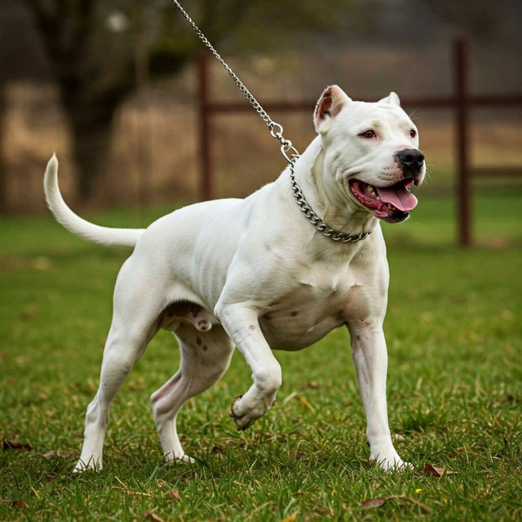 Dogo Argentino with a strong, muscular build and white coat, standing alert on grass, showcasing the breed’s confident and athletic traits.