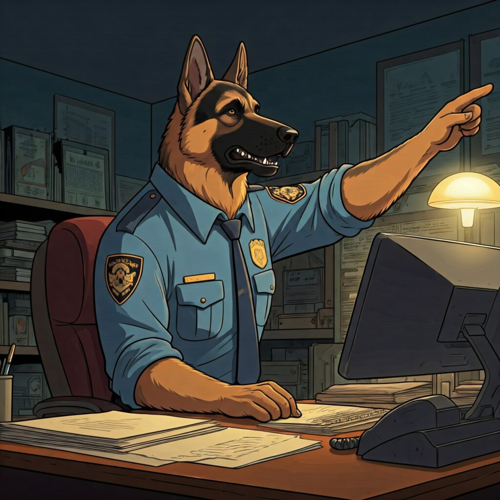 German Shepherd dressed as a police detective, sitting at a desk and pointing toward a case board, symbolizing canine intelligence and problem-solving skills. YPCKPets.