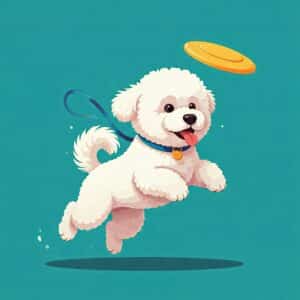 An excited Bichon Frise playing fetch with a yellow frisbee, captured mid-air.