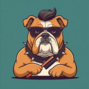 Cartoon bulldog with sunglasses, a spiked collar, and a slick hairstyle holding a comb.