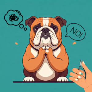 Illustration of a nervous bulldog avoiding nail clippers with thought and speech bubbles expressing "No!".