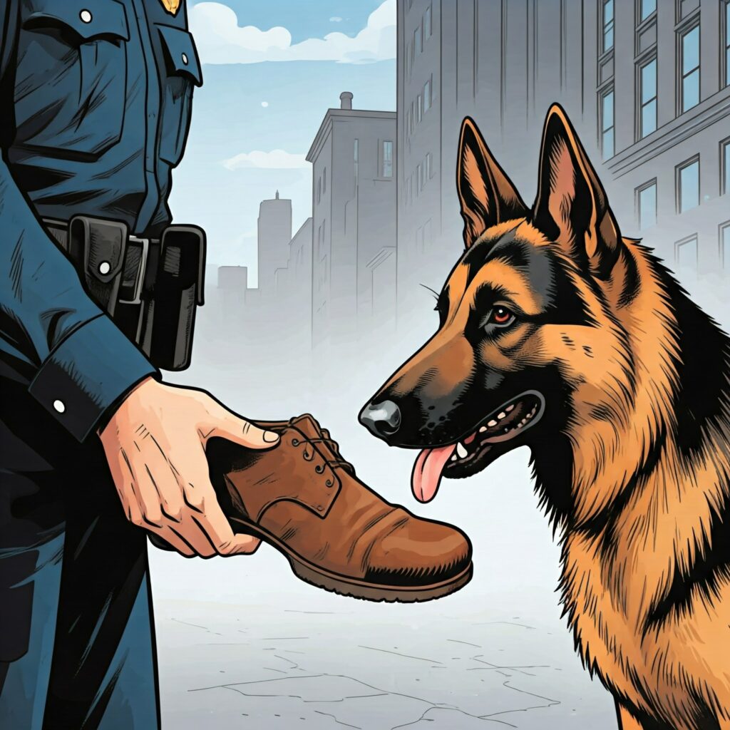 German Shepherd practicing scent training with a police officer holding a shoe. 