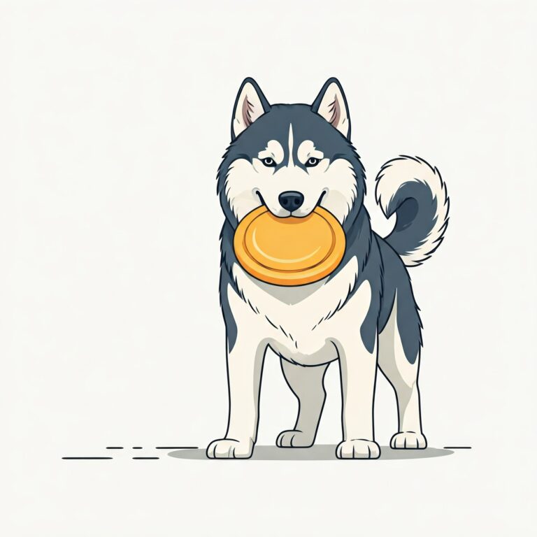 Animated Siberian Husky holding a yellow frisbee in its mouth, looking playful and energetic