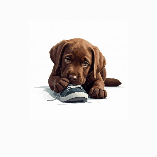 Chocolate Labrador puppy chewing on a shoe